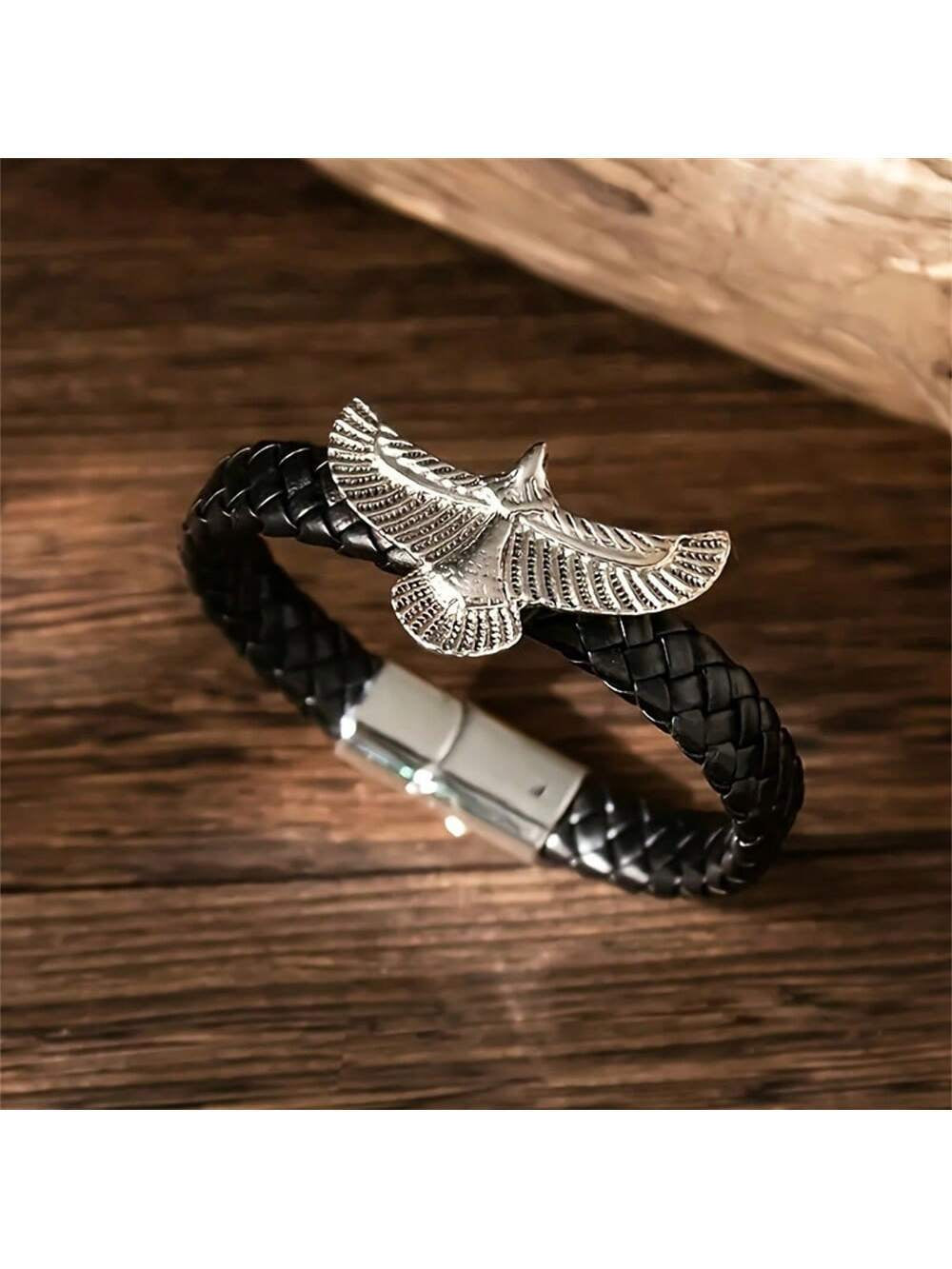 Braided Leather Eagle Bracelet – Men’s Vintage Style with Magnetic Clasp