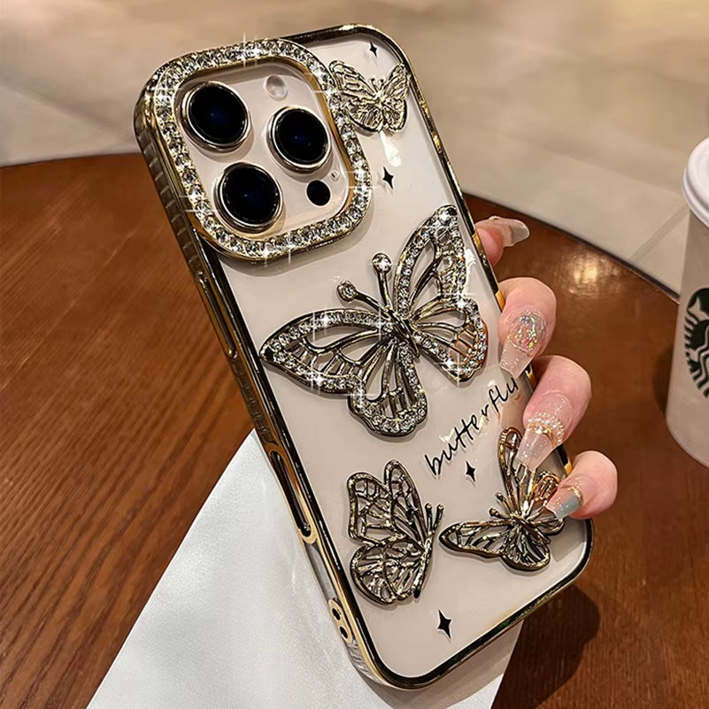 Diamond Butterfly Phone Case – Transparent Soft Cover for iPhone 13 to 16 Pro Max