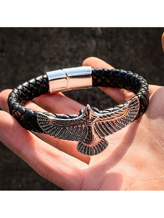 Braided Leather Eagle Bracelet – Men’s Vintage Style with Magnetic Clasp