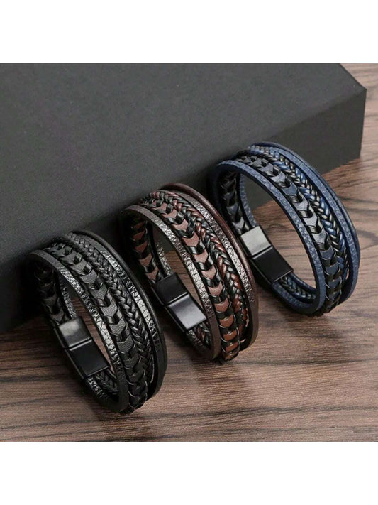 Men’s Vintage Braided Leather Bracelet – Multilayer Cord with Magnetic Clasp