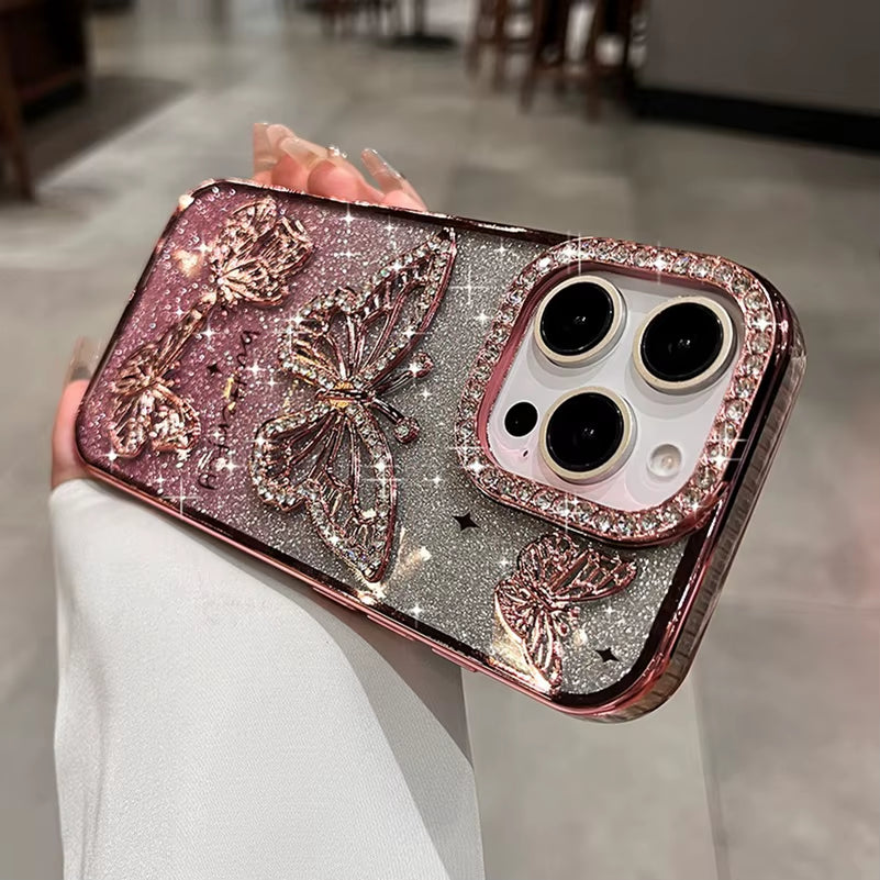 Diamond Butterfly Phone Case – Transparent Soft Cover for iPhone 13 to 16 Pro Max