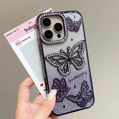Diamond Butterfly Phone Case – Transparent Soft Cover for iPhone 13 to 16 Pro Max